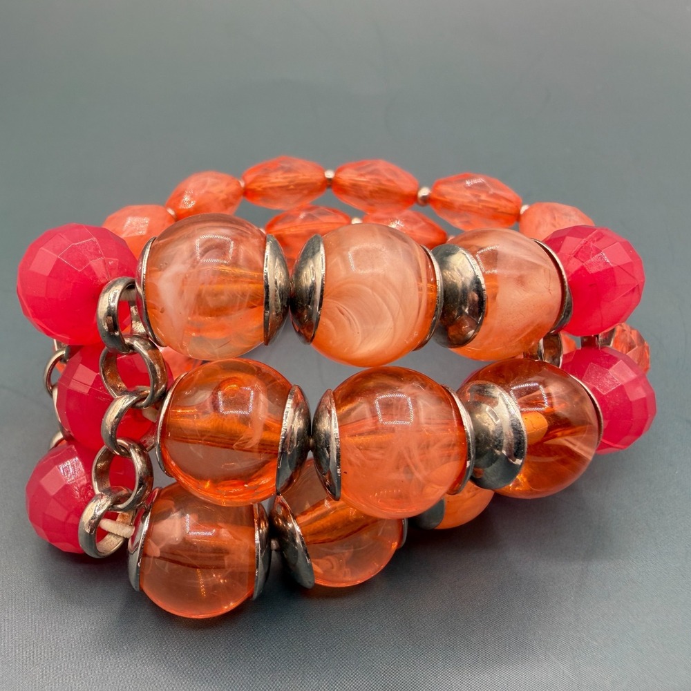 Orange Pink Faceted Beaded Multi Strand Bracelet Chunky Statement Boho Y2K Gift